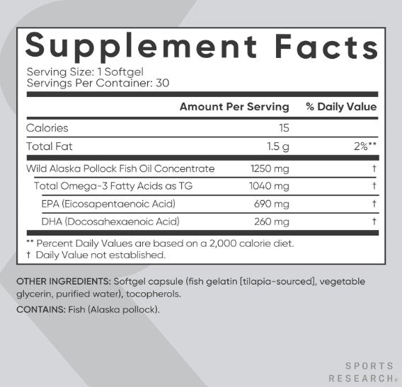 Sports Research Alaskan Omega-3 Fish Oil Triple Strength | Omega 3 1040 mg | 30 Softgels