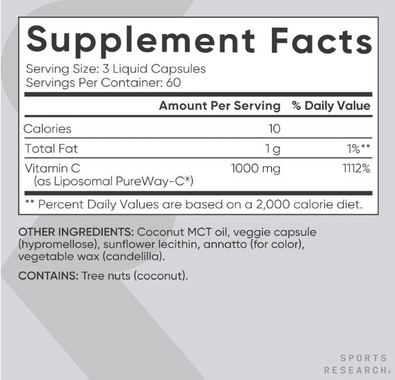 Sports Research Liposomal Vitamin C 1000 mg | Vitamina C Liposomal PureWay-C® | 180 Cápsulas Líquidas Veganas