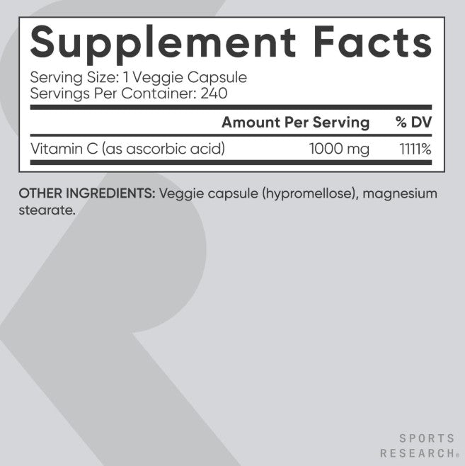 Sports Research Vitamin C 1000 mg | Vitamina C de Alta Potencia | 240 Cápsulas Veganas