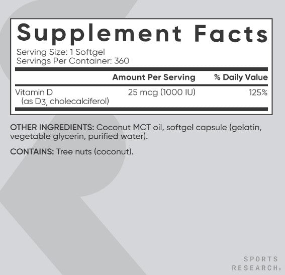 Sports Research Vitamin D3 1000 UI | Vitamina D3 con Aceite MCT de Coco | 360 Softgels