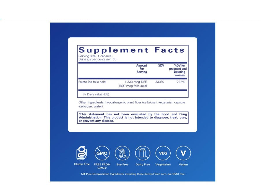 Acido Fólico 800 mcg Pure Encapsulations® | 60 Cápsulas