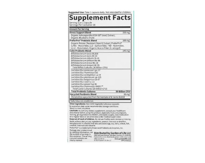 Garden of Life Dr. Formulated Probiotics Calm | Probiótico con Ashwagandha 50 Mil Millones UFC | 30 Cápsulas