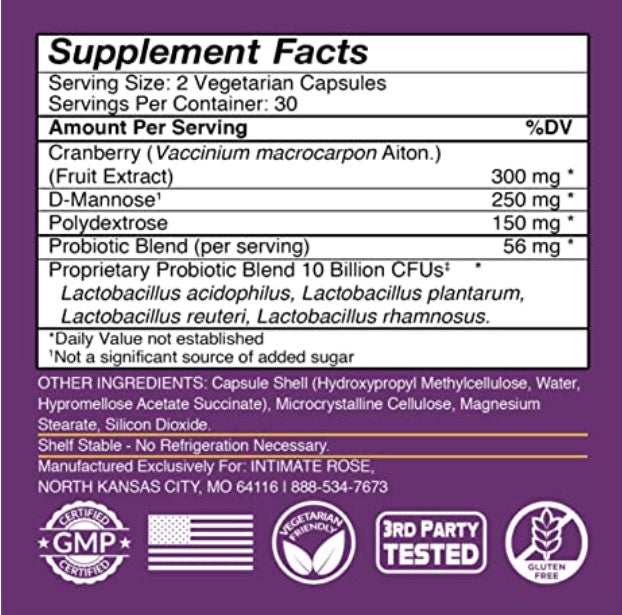 Intimate Rose Flora Bloom Probiotics for Women | Probióticos para Mujeres con Cranberry y D-Manosa | 60 Cápsulas