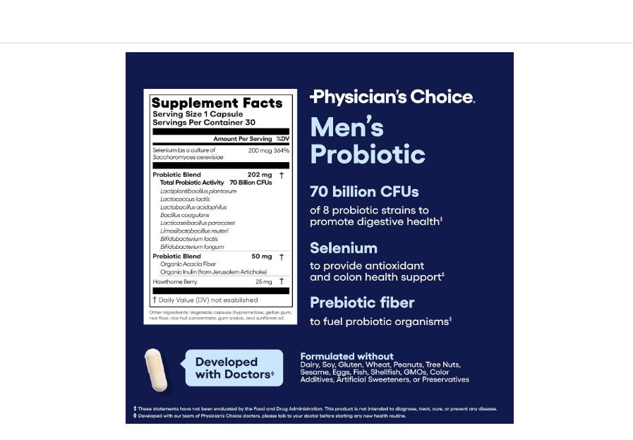 Physician's Choice Men's Probiotic con Prebióticos + Selenio | 70 Mil Millones UFC | 30 Cápsulas