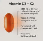 Sports Research Vitamin D3 + K2 Vegana | Vitamina D3 5000 UI + K2 MK-7 | 30 Softgels