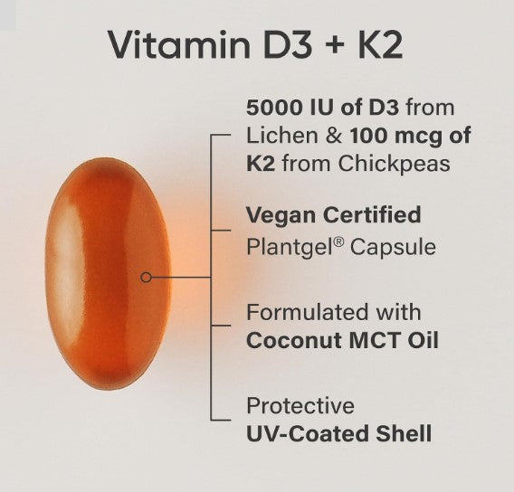 Sports Research Vitamin D3 + K2 Vegana | Vitamina D3 5000 UI + K2 MK-7 | 30 Softgels