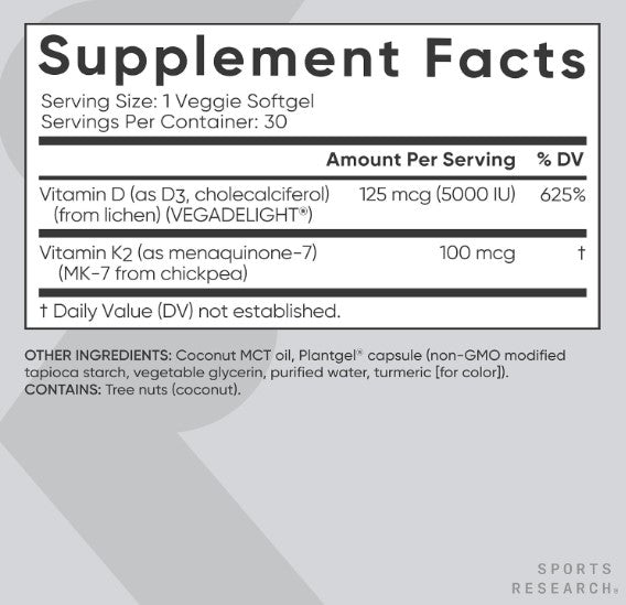Sports Research Vitamin D3 + K2 Vegana | Vitamina D3 5000 UI + K2 MK-7 | 30 Softgels